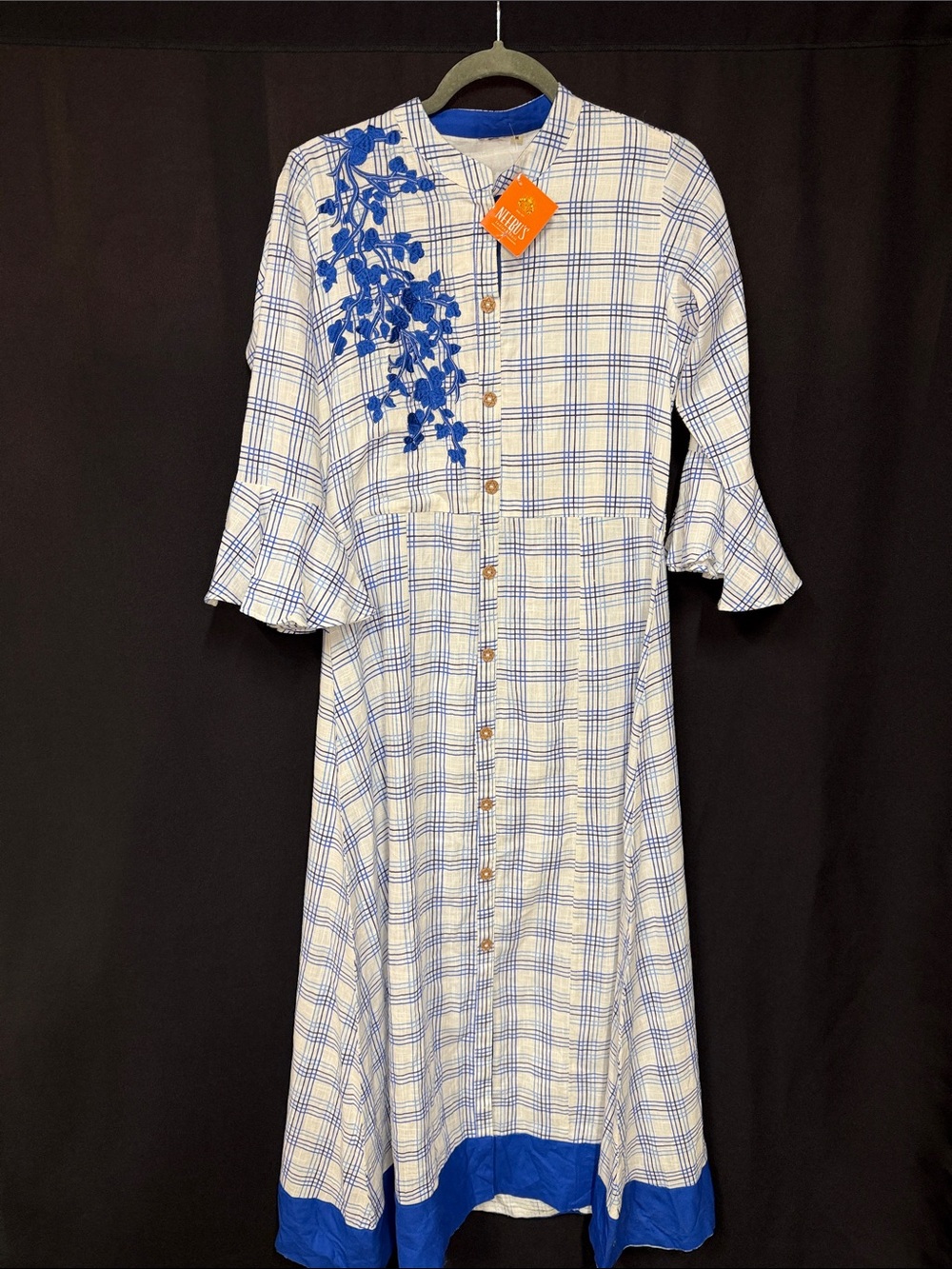 Neeru’s NWT- All linen Blue & White Plaid Midi Dress with Floral Applique